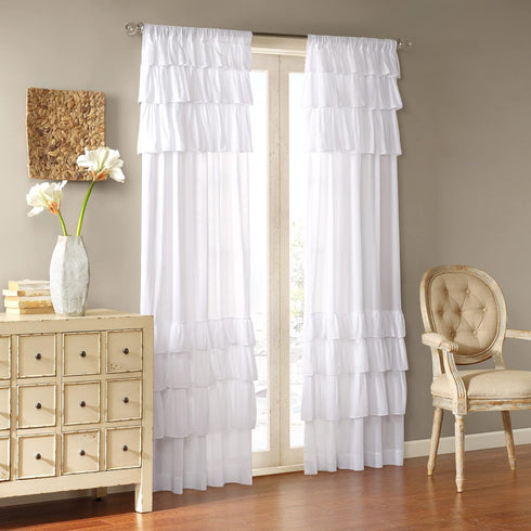 Madison Park White Cotton Ruffle Window Panel, Solid Anna Voile, 50X84, 1-Panel Pack, Farmhouse Decor