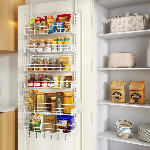 Over The Door Pantry Organizer, Wall Mount Spice Rack with 6 Adjustable Baskets for Home & Kitchen Storage (White)