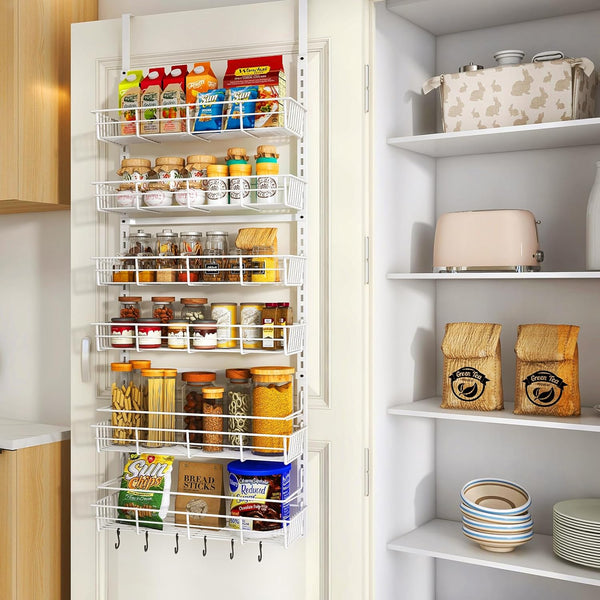 Over The Door Pantry Organizer, Wall Mount Spice Rack with 6 Adjustable Baskets for Home & Kitchen Storage (White)