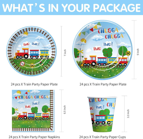 APOWBLS 2nd 24 Chugga Chugga Two Two Birthday Party Supplies, Paper Plate, Cup, Napkin, Disposable Cutlery, Tablecloth
