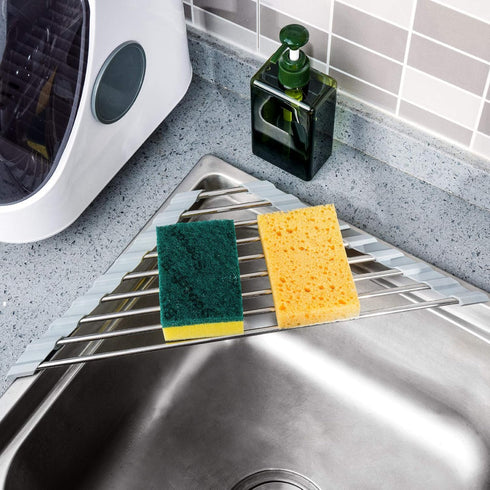 Tomorotec Triangle Roll-Up Dish Drying Rack for Sink Corner Small Foldable Stainless Steel Over The Sink Multipurpose