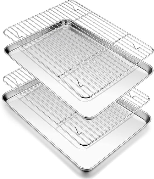 P&P CHEF 12.5 Inch Toaster Oven Pan and Rack Set, 4 Pieces Stainless Steel Baking Pans with Cooling Rack