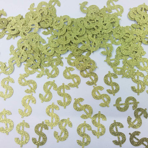 Morndew 100 PCS Glitter Gold Dollar Sign Confetti for Casino Party, Wedding, and Birthday Decorations
