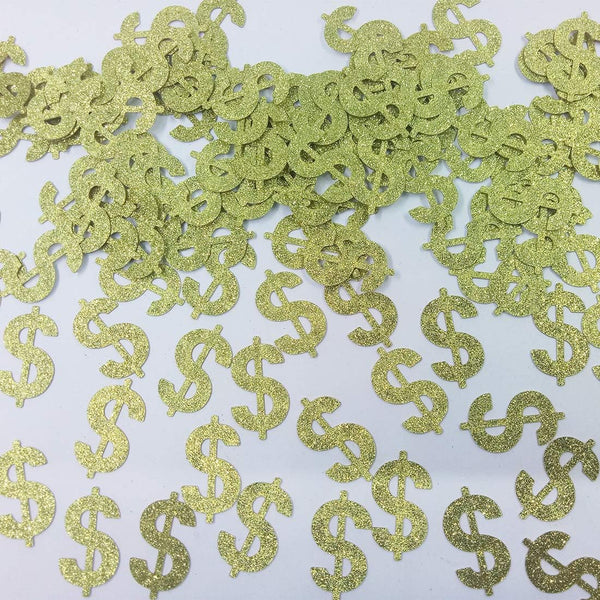 Morndew 100 PCS Glitter Gold Dollar Sign Confetti for Casino Party, Wedding, and Birthday Decorations