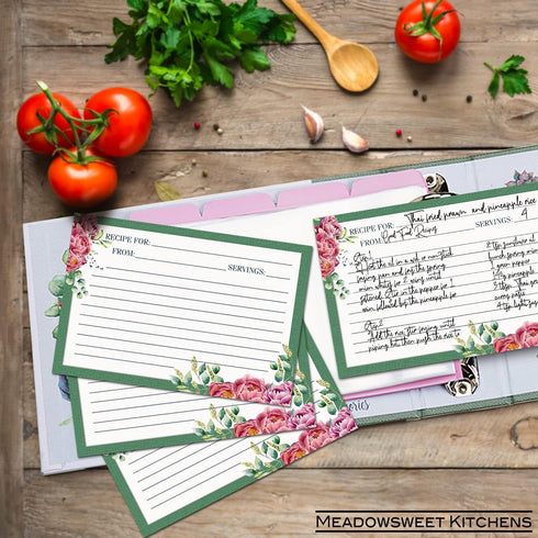 Meadowsweet Kitchens Recipe Card Set: 25 Recipe Cards 4 x 6 Inch for Wedding, Bridal Shower, Green & Peonies