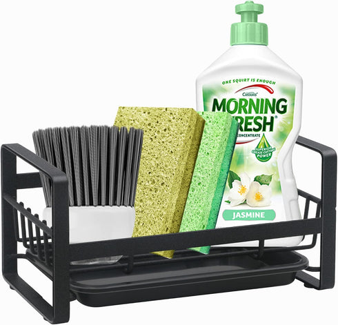Kitchen Sink Caddy Organizer with Removable Front Drain Pan, Black Sponge Holder for Soap and Dish Rags Storage