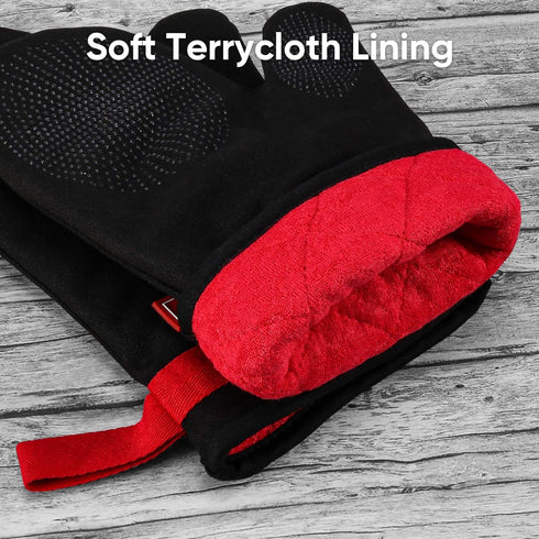Silicone Oven Mitts - Magnetic Heat Resistant Kitchen Mitts, Black Cotton Anti-Slip for Cooking, Baking, Grilling