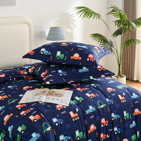 Set Set Set 2 Yibeizi Car Kids Comforter for Boys Twin, Cute Reversible Quilted Navy Blue Printed Construction Toddler