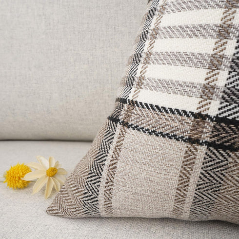 YOUR SMILE Set of 2 Retro Farmhouse Buffalo Tartan Chequer Stripe Plaid Cotton Linen Throw Pillow Case (Brown,