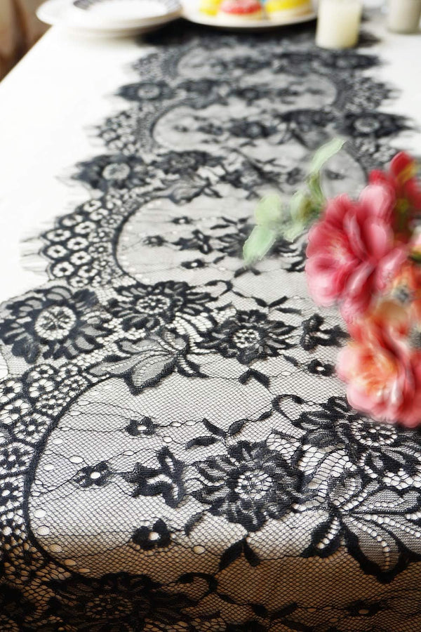 Letjolt Black Lace Table Runner - 14 x 120 Inches Embroidered Doilies for Vintage Boho Wedding & Party Supplies