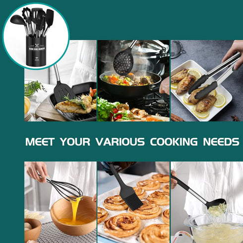 Silicone Cooking Utensil Set, Umite Chef 15pcs Non-stick Kitchen Utensils Set, Best Cookware with Stainless Steel