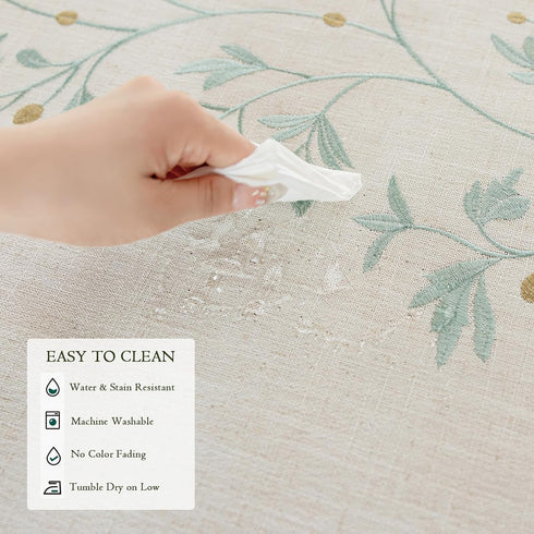 Rustic Heavy Weight Waterproof Linen Tablecloth, Beige Embroidery for Rectangle Tables, Burlap Farmhouse Covers (Green