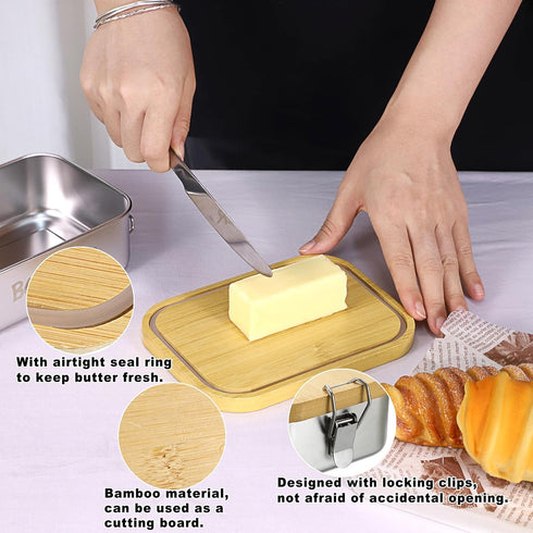 BSTKEY Countertop, 1 2 Butter Dish with Lid for Stainless Steel Butter Holder Container with Silicone Sealing