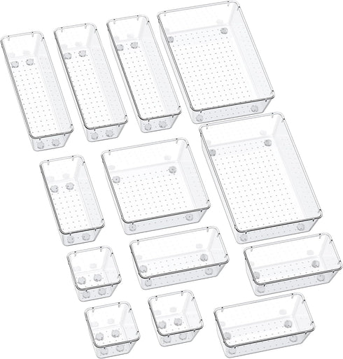SMARTAKE 13-Piece Drawer Organizers, Non-Slip Silicone Pads for Makeup, Jewelry, Utensils in Clear