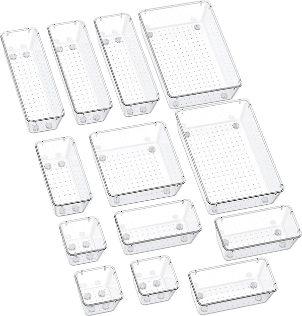 SMARTAKE 13-Piece Drawer Organizers, Non-Slip Silicone Pads for Makeup, Jewelry, Utensils in Clear