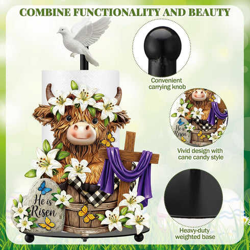 12.6 Inch Countertop Chunful Easter Highland Cow Metal Paper Towel Holder, Tall He is Risen Religious Kitchen Decor