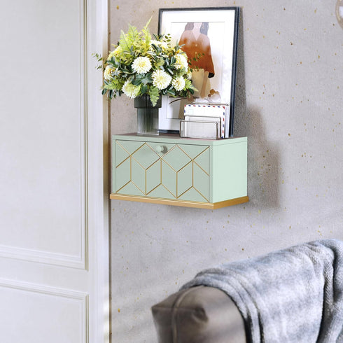 Modern Green Floating Nightstand with Flap Door - Compact Wall-Mounted Design