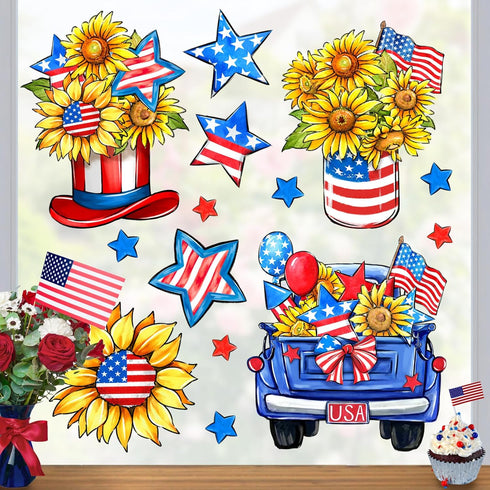 Mfault 4th of July Patriotic Window Clings, 4 Sheets America USA Sunflower Blue Truck Stickers Decal Decorations