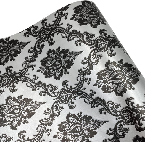 Yifely Retro Black Damask Furniture Paper Self-Adhesive Shelf Liner, Light Grey Table Decor Sticker