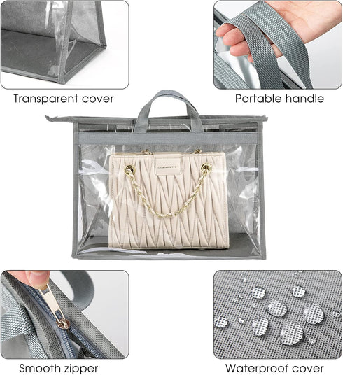 CINPIUK 4 Pack Clear Handbag Dust Bags, Zipper Hanging Storage Organizer for Closet, Grey Purse Storage Bag