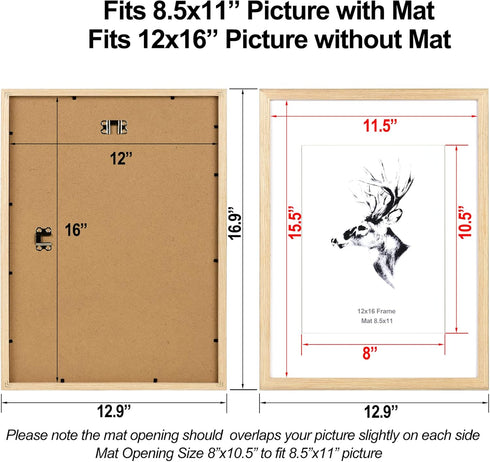 12x16 8.5x11 Set 4, 12x16 (4 pack, Yaetm Picture Frame with Mat for of Natural Solid Oak Wood Frame for Gallery Wall