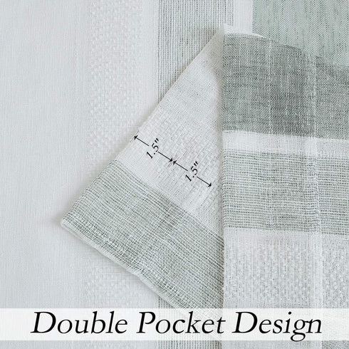 Central Park Sage White Stripe French Door Curtain Panels, 50"x72"x2 Boucle Linen Texture Sheer Drapes with Tieback