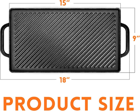 GGC Cast Iron Reversible Griddle, Double-sided 15 x 9 Griddle Pan for Indoor and Outdoor Cooking, Flat and Ribbed Side