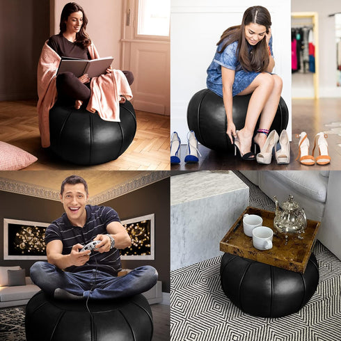 Louis Donn Round Unstuffed Faux Leather Pouf Ottoman Cover, Portable Indoor Outdoor Foot Rest Cover with Invisible