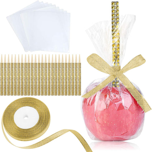 24 Pack Bling Candy Apple Sticks and Bags Kits, Caramel Apple Wooden Skewers, Food Bamboo Decorative Sticks for Treats