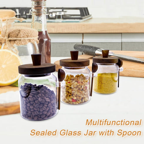 Taefaba 3PCS Spoon,17 OZ Spice Jars Overnight Oats Containers with Airtight Lid and Wooden Glass Food Storage
