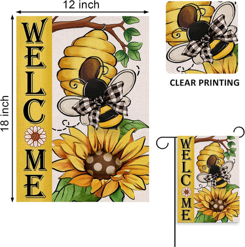 Welcome Spring Summer Bumble Bee Sunflower Garden Flag, Double Sided Outdoor Decorations with Buffalo Plaid Bow