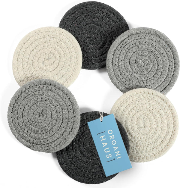 OrganiHaus Set of 6 Gray Woven Coasters for Wooden Table, 4.3" Absorbent Cup Coasters for Drinks, Cute Fabric Coasters