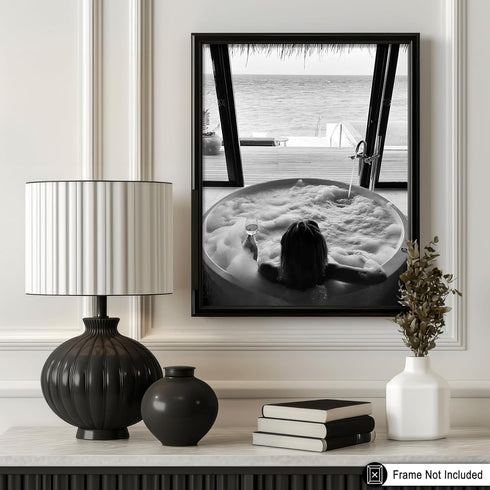 11x14 Poster Master Bath with Wine Poster - Beach View Print - Alcohol Art - Bar Cart Design - Girly Print - Black