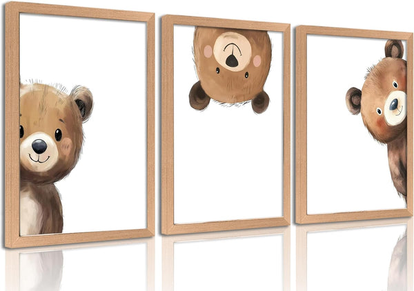 SEINEMBSC Framed Baby Bear Nursery Wall Art Peeking Bear Pictures Wall Decor Peekaboo