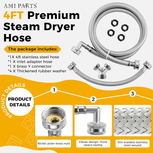4FT Premium Steam Dryer Hose Installation Kit - 4 Ft 90 Degree Elbow Stainless Steel Hose, Inlet Adapter Hose, Y