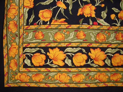 India Arts French Floral Tab Top Curtain Drape Panel, Cotton 44" x 88" Amber Black