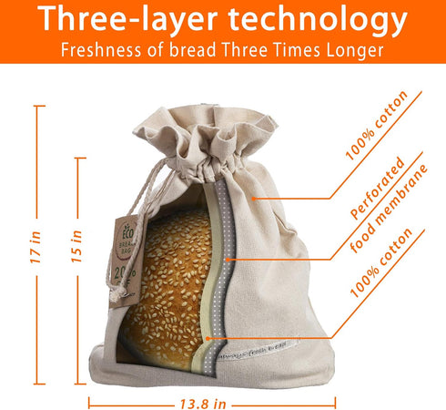 Goodleks Three-Layer Cotton Bread Bag, Reusable Storage for Homemade Loaf, Natural Organic Canvas