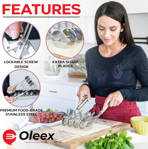 Oleex ‘All-Dough’ Pastry Cutter Set - 5 Wheel Dough Cutter and Dual Fluted Ravioli Cutter Wheel