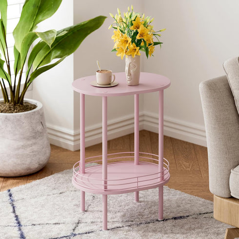 Storage,2-Tier (1PC,Pink) Small Modern Oval Side Table with Side Tables Living Room,Sturdy Nightstand for Small Space