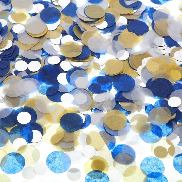 TecUnite Round Tissue Paper Table Confetti Dots for Wedding Birthday Party Decoration, 1.76 oz (Blue Gold Silver, 2.5