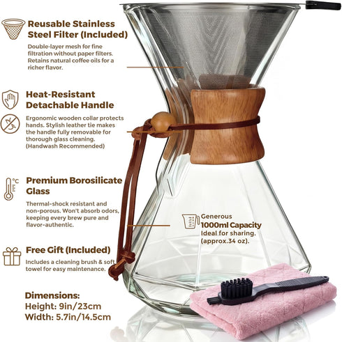 304 Set (34oz AGOGO Pour Over Coffee Maker Glass - Barista Kit with Stainless Filter for Home, Office, Camping, Cafes