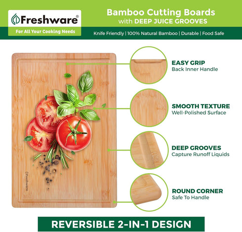 Freshware Wood Cutting Boards for Kitchen, Bamboo Set of 3, Juice Grooves, Easy Grip Handle