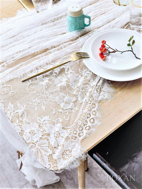 BOXAN Gorgeous White Lace Tablecloth Overlay, 60x120 Inch Rose Vintage Embroidered, Romantic Boho Wedding Reception