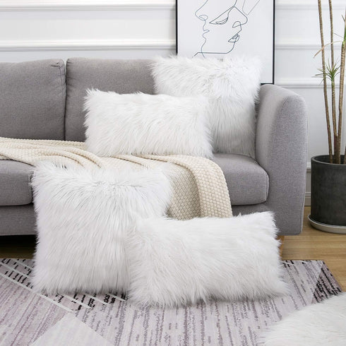 WLNUI Set of 2 White Decorative Lumbar Pillow Covers - Luxury Merino Style Faux Fur, 12x20 Inch