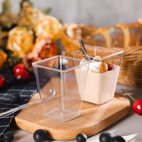 50 Pack 5oz Mini Dessert Cups with Soopns, Clear Square Dessert Bowls Small Plastic Yogurt Parfait Cups Appetizer Cup