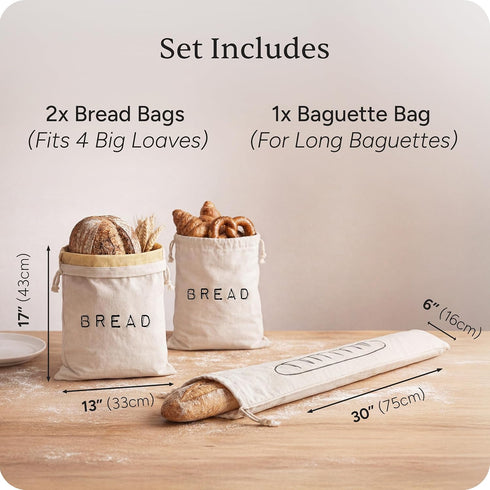 Set 2 1 Leafico Bread Bag Cotton Loaf Bags + Baguette Bag with Beeswax Liner Reusable Storage for Sourdough, Crusty