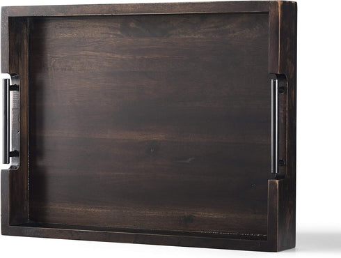 RAKYTO Ottoman Tray, Acacia Wood Serving Tray with Metal Handles, 16.5x12.5in Food Drinks