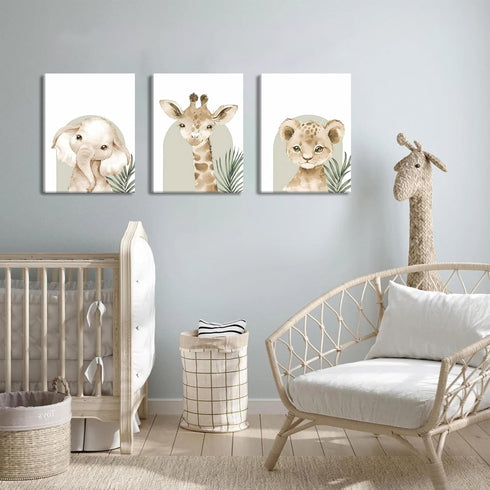 Set 3, 12x16 inch Nursery Wall Decor of Cute Animal Lion Elephant Baby Pictures Poster Prints, Giraffe Jungle Canvas
