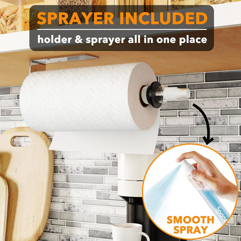 SpaceAid SprayNeat Paper Towel Holder with Spray Bottle, Under Cabinet Paper Towels Holders with Sprayer Inside Center