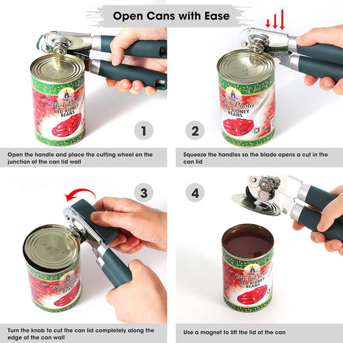 Green Manual Can Opener with Magnet and Sharp Blade, Handheld Openers with Effort-Saving Knob and Multifunctional